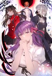  1boy 3girls artoria_pendragon_(fate) black_hair black_skirt blonde_hair blue_eyes bug butterfly dress emiya_shirou fate/stay_night fate_(series) gothic_lolita great_grail hair_ribbon heaven&#039;s_feel highres lolita_fashion long_hair matou_sakura multiple_girls namahamu_(hmhm_81) official_alternate_costume orange_hair own_hands_clasped own_hands_together pale_skin pleated_skirt purple_eyes purple_hair raglan_sleeves ribbon saber_alter skirt thighhighs tohsaka_rin turtleneck two_side_up yellow_eyes 