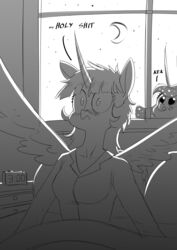  absurd_res alicorn anthro anthrofied awake bed blush chrysalisdraws clothing crescent_moon duo english_text equid equine ethereal_hair feathered_wings feathers female friendship_is_magic furniture greyscale hasbro hi_res horn licking licking_lips mammal monochrome moon my_little_pony mythological_creature mythological_equine mythology night pajamas pillow princess_luna_(mlp) profanity sparkles star text tongue tongue_out twilight_sparkle_(mlp) unicorn window wing_boner wings 