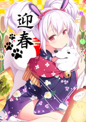  absurdres animal animal_ears animal_hug azur_lane bell blue_kimono blush bow brown_eyes canine checkered_background chinese_zodiac closed_mouth commentary double_bun egasumi female floral_print folding_fan hair_between_eyes hair_bun hairband hairbow hand_fan highres japanese_clothes jingle_bell kimono laffey_(azur_lane) laffey_(snow_rabbit_and_candy_apple)_(azur_lane) looking_at_viewer looking_to_the_side md5_mismatch new_year obi official_alternate_costume print_kimono rabbit_ears red_bow red_hairband ribbon-trimmed_legwear ribbon_trim sasakura_momiji sash sitting smile socks solo translated wariza white_hair white_socks year_of_the_dog 