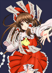  ascot bad_id bad_pixiv_id bow brown_eyes brown_hair colorized detached_sleeves female gohei hair_tubes hairbow hakurei_reimu long_hair midriff minato18 navel ofuda scribble skirt solo touhou 