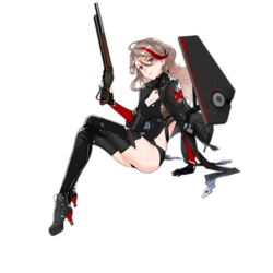  ankle_boots armor black_thighhighs boots breasts brown_hair cleavage cleavage_cutout clothing_cutout colored_shoe_soles earrings female full_body girls&#039;_frontline gloves gun hair_between_eyes high_heels holding holding_gun holding_weapon jacket jewelry lever_action long_hair long_legs looking_at_viewer m1887_(girls&#039;_frontline) medium_breasts multicolored_hair official_art realmbw red_eyes red_hair shield shield_module shotgun solo streaked_hair thighhighs transparent_background trigger_discipline wavy_hair weapon winchester_model_1887 