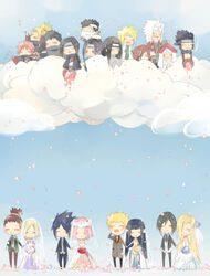  4girls 6+boys akatsuki_uniform bare_shoulders beard black_hair blonde_hair bouquet bridal_veil bride brothers brown_hair chibi cloud commentary_request couple deidara_(naruto) dress everyone facial_hair flower forehead_protector formal good_end groom haku_(naruto) headband heaven holding_hands hyuuga_hinata hyuuga_neji ino_yamanaka jiraiya_(naruto) lan.c long_hair momochi_zabuza multiple_boys multiple_girls nagato_(naruto) namikaze_minato nara_shikamaru naruto naruto_(series) naruto_shippuuden petals pink_hair red_hair sai_(naruto) sakura_haruno sarutobi_asuma sarutobi_hiruzen sasori_(naruto) short_hair siblings spoilers straight suit temari_(naruto) uchiha_itachi uchiha_obito uchiha_sasuke uzumaki_naruto veil wedding_dress 