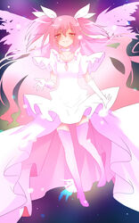  bad_hands boots bow commentary_request female gloves hairbow highres kaname_madoka long_hair magical_girl mahou_shoujo_madoka_magica mahou_shoujo_madoka_magica_(anime) negiko pink_footwear pink_hair smile solo spoilers thighhighs two_side_up ultimate_madoka white_gloves yellow_eyes 