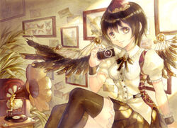  bad_id bad_pixiv_id belt black_hair black_skirt black_thighhighs black_wings brown_eyes bug butterfly camera collection drawing_(object) female keiko_(mitakarawa) light_rays looking_at_viewer mechanical_wings phonograph plant puffy_short_sleeves puffy_sleeves record shameimaru_aya short_sleeves sitting skirt smile solo steampunk stereo sunbeam sunlight thighhighs touhou wings wrist_cuffs zettai_ryouiki 