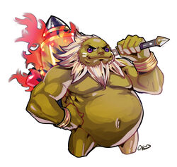  beard big_belly bracelet colored_skin commentary_request cropped_legs darunia facial_hair fire goron green_skin hammer hand_on_own_hip hyrule_warriors jewelry monster_boy navel okada_(hoooojicha) over_shoulder purple_eyes solo the_legend_of_zelda thick_eyebrows weapon weapon_over_shoulder white_background white_hair 