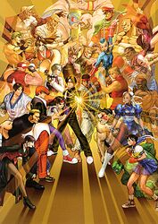  6+boys 6+girls balrog_(street_fighter) bengus blanka blue_sailor_collar cammy_white capcom capcom_vs_snk chun-li collaboration confrontation crossover dai-chan dhalsim edaki_shin&#039;ya edmond_honda everyone fatal_fury guile harumaru hiroaki_(kof) ikeno_daigo kasugano_sakura ken_masters kim_kaphwan king_(snk) kita_senri kusanagi_kyou m._bison mera_jin mori_toshiaki multiple_boys multiple_girls muscular nikaidou_benimaru nishimura_kinu official_art pantyhose pelvic_curtain poster_(medium) raiden_(snk) rugal_bernstein ryou_sakazaki ryuuko_no_ken sagat sailor_collar senno_aki shiranui_mai snk street_fighter sunburst terry_bogard the_king_of_fighters vega_(street_fighter) vice_(kof) yagami_iori yamazaki_ryuuji yasuda_akira yuri_sakazaki zangief 