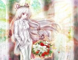  ascot bouquet bow commentary_request female flower formal fujiwara_no_mokou glitter groom hairbow hand_in_pocket lily_(flower) long_hair pant_suit pants red_eyes rose solo suit touhou tsukiori_sasa wedding white_hair white_suit 