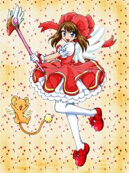  cardcaptor_sakura chikorita85 commentary_request cosplay creature dress female full_body fuuin_no_tsue hat highres holding kero_(cardcaptor_sakura) kinomoto_sakura kinomoto_sakura_(cosplay) kinomoto_sakura_(magic_dream_costume) may_(pokemon) pink_hat pokemon pokemon_adventures puffy_short_sleeves puffy_sleeves red_dress short_sleeves thighhighs yellow_background 