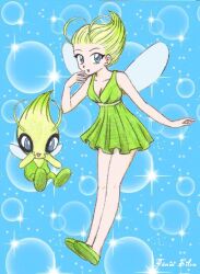  :d blue_background blue_eyes bubble_background celebi chikorita85 collarbone commentary_request creature_and_personification dress fairy fairy_wings female flying green_hair green_skirt hand_on_own_face hands_on_own_face open_mouth personification pointy_hair pokemon pokemon_(creature) shoes short_dress short_hair signature skirt smile traditional_media wings 