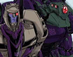  blitzwing decepticon english_commentary lugnut_(transformers) md5_mismatch mecha monocle no_humans photoshop_(medium) robot rozziebot science_fiction transformers transformers_animated 