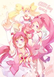  2012 3girls arm_up blonde_hair boots bow butterfly_brooch choker color_connection commentary_request corset cure_blossom cure_dream cure_peach fresh_precure! hair_ornament hair_rings hairbow hairpin hanasaki_tsubomi heart heart_hair_ornament heartcatch_precure! high_ponytail in-franchise_crossover long_hair looking_back magical_girl momozono_love multiple_girls pink_bow pink_choker pink_eyes pink_hair pink_theme pointing ponytail precure satsukiai skirt smile twintails wrist_cuffs yes!_precure_5 yumehara_nozomi 