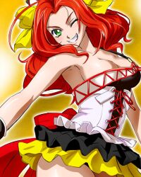  bow breasts cleavage corset dress female gloves green_eyes hair_ribbon haruyama_kazunori kouryuuji_mii large_breasts long_hair one_eye_closed project_x_zone red_hair ribbon short_dress smile solo 