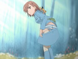  ass belt_pouch brown_eyes brown_hair commentary_request cosplay crossover derivative_work dressing earrings female jewelry kaze_no_tani_no_nausicaa medium_hair misaka_imouto misaka_imouto_10032 misaka_mikoto nausicaa nausicaa_(cosplay) panties pikachu pokemon pokemon_(creature) pouch shirosato striped_clothes striped_panties teto_(nausicaa) toaru_kagaku_no_railgun toaru_majutsu_no_index toaru_majutsu_no_index:_old_testament underwear 