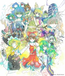  6+girls amano_miyabi animal_ears artist_name ascot bamboo_broom belt blonde_hair blue_eyes blue_hair bottle bow braid broom brown_eyes brown_hair commentary_request crossed_arms detached_sleeves dress earmuffs frog_hair_ornament futatsuiwa_mamizou glasses gohei green_dress green_eyes green_hair grey_hair grin hair_ornament hair_rings hair_stick hair_tubes hairband hairbow hakurei_reimu hat japanese_clothes kaku_seiga kariginu kasodani_kyouko kirisame_marisa kochiya_sanae konpaku_youmu konpaku_youmu_(ghost) leaf leaf_on_head lightning long_hair md5_mismatch mini-hakkero miyako_yoshika mononobe_no_futo multiple_girls ofuda open_mouth painting_(medium) pince-nez purple_eyes raccoon_ears raccoon_tail red_eyes resolution_mismatch saigyouji_yuyuko short_hair single_braid skirt smile soga_no_tojiko source_smaller star_(symbol) sword tail tatara_kogasa tate_eboshi ten_desires touhou toyosatomimi_no_miko traditional_media watercolor_(medium) weapon yellow_eyes 