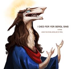  2012 anthro avoid_posting blood blue_eyes bodily_fluids brown_hair clothed clothing collaboration crown_of_thorns fur hair jesus_christ lol_comments long_hair maelice male mammal murcifer open_mouth religion sergal simple_background solo white_background 