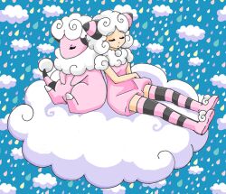  chikorita85 closed_eyes cloud colored_skin commentary_request creature_and_personification dual_persona female flaaffy personification pink_skin pink_skirt pokemon pokemon_(creature) pokemon_ears sheep skirt sleeping water_drop white_hair 