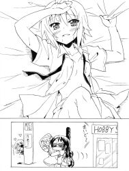  2girls akiyama_mio alternate_hairstyle bed_sheet blood blush commentary_request dakimakura_(object) greyscale hair_down heart himejoshi implied_yuri k-on! kotobuki_tsumugi long_hair mask monochrome mouth_mask multiple_girls nome_(nnoommee) nosebleed open_clothes open_shirt photoshop_(medium) pillow sakuragaoka_high_school_uniform school_uniform sunglasses surgical_mask sweat tainaka_ritsu 