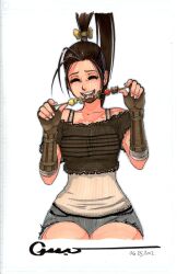  alternate_costume antenna_hair bad_deviantart_id bad_id black_hair casual closed_eyes cutoff_jeans cutoffs denim denim_shorts eating female fingerless_gloves food gauntlets gloves happy high_ponytail ibuki_(street_fighter) meat omar_dogan ponytail shorts signature skewer smile street_fighter street_fighter_iii_(series) vambraces 