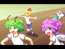  4girls alternate_costume antennae bird_wings blonde_hair blue_hair bow cato_(monocatienus) cirno commentary_request contemporary faceplant grass green_eyes green_hair gym_shorts hair_ribbon hairbow kneehighs letterboxed lying multiple_girls mystia_lorelei on_stomach open_mouth outstretched_arms pink_hair purple_eyes racing red_eyes ribbon rumia running running_track short_hair short_sleeves shorts socks spread_arms sweatband team_9_(touhou) touhou track_and_field tsurime white_legwear wings wriggle_nightbug yellow_eyes 