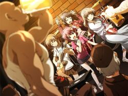  3girls 6+boys 6boys alcohol band bar bass_guitar beer beer_mug brown_hair crossdressing drum drums dutch_angle electric_bass game_cg gibson_sg guitar hair_ornament instrument isurugi_chie kashiwara_sarina katakura_shinji kira_kira maejima_shikako maejima_shikanosuke military multiple_boys multiple_girls orange_hair pink_hair shiino_kirari trap wink 