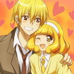  1boy ;d blazer blonde_hair cardigan commentary_request crossover female grin hairband hand_on_another&#039;s_shoulder jacket kise_ryouta kuroko_no_basuke maruki_(punchiki) name_connection necktie one_eye_closed open_mouth precure school_uniform season_connection short_hair smile smile_precure white_hairband yayoi_kise yellow_eyes 