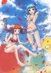  2girls :d barefoot bikini blue_hair bottle breasts brown_eyes cleavage commentary_request flip-flops green_eyes long_hair medium_breasts multiple_girls mushiboy navel open_mouth original red_hair sandals shoes short_hair small_breasts smile stick swimsuit twintails unworn_sandals unworn_shoes v 