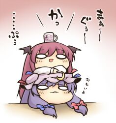  2girls :d bat_wings chibi chibi_on_head commentary_request crescent cup dress_shirt hat head_rest head_wings koakuma long_sleeves mug multiple_girls nekoguruma o_o object_on_head on_head open_mouth patchouli_knowledge person_on_head print_mug purple_hair red_eyes red_hair shirt sidelocks smile touhou translated white_shirt wide_face wings 