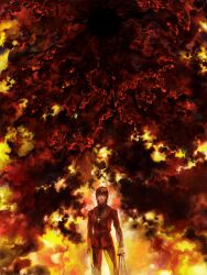  1boy bad_drawr_id bad_id black_keys_(type-moon) brown_hair closed_eyes cross fate/zero fate_(series) fire great_grail kotomine_kirei male_focus oekaki roe_(d-c_-b) scenery solo spoilers 