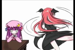  2girls animated animated bat_wings crescent female get_down hat hat_ribbon head_wings koakuma long_hair lowres multiple_girls o_o patchouli_knowledge pelvic_thrust purple_hair red_hair ribbon touhou wings 