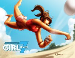  alexi_(girl7) barefoot beach brown_eyes brown_hair commentary day dirty dirty_feet english_commentary falling female finger_wrap girl7 midriff motion_blur navel omar_dogan open_mouth original photoshop_(medium) sand shiny_skin shorts solo sports_bra sweat twintails volleyball 