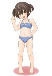  barefoot bikini black_hair brown_eyes lolicon minami-ke minami_kana mo-fu navel short_hair solo swimsuit twintails waving 