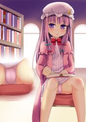  book bookshelf bow capelet commentary_request crescent crescent_hat_ornament female hat hat_ornament indoors library long_hair long_sleeves looking_at_viewer mob_cap niiya panties parted_lips patchouli_knowledge photoshop_(medium) pink_panties purple_eyes purple_hair red_bow sitting solo touhou underwear voile 