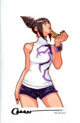  bare_shoulders black_nails breasts brown_hair commentary dated eating english_commentary female food hair_horns holding holding_food holding_pizza juri_han looking_at_viewer marker_(medium) medium_breasts nail_polish omar_dogan pizza purple_hair scan shirt short_shorts shorts signature sleeveless sleeveless_shirt solo street_fighter street_fighter_iv_(series) traditional_media watch wristwatch 