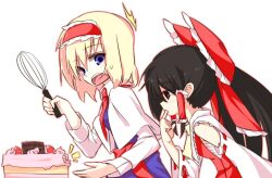  2girls ^^^ alice_margatroid bad_id bad_pixiv_id bare_shoulders birthday_cake black_hair blonde_hair blue_eyes brown_eyes cake capelet commentary_request detached_sleeves finger_in_own_mouth food hair_tubes hairband hakurei_reimu holding long_hair multiple_girls open_mouth outline ponytail shamo_(koumakantv) sweatdrop touhou whisk 