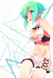  aquarion_(series) aquarion_evol bare_shoulders blue_eyes breasts commentary_request female green_hair medium_breasts navel open_mouth short_hair short_shorts shorts solo white_shorts ytk_(yutta-p) zessica_wong 