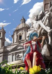  aqua_eyes aqua_hair bird building cloud commentary day dress english_commentary female flower fontana_dei_quattro_fiumi grass gyicarus hatsune_miku highres instrument italy lens_flare long_hair piazza_navona rome_(city) sant&#039;agnese_in_agone sculpture sitting sky solo twintails very_long_hair violin vocaloid 