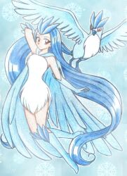  articuno blue_background blue_hair blue_theme chikorita85 commentary_request creature_and_personification female long_hair looking_at_viewer personification pokemon pokemon_(creature) red_eyes skirt snowflakes traditional_media very_long_hair white_skirt 