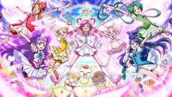  6+girls akimoto_komachi arm_up bike_shorts blonde_hair blue_eyes blue_hair boots brooch bubble_skirt butterfly_brooch butterfly_hair_ornament castle chocola_(precure_5) coco_(yes!_precure_5) commentary_request cone_hair_bun cure_aqua cure_dream cure_lemonade cure_mint cure_rouge double_bun drill_hair fingerless_gloves flower flower_brooch frills gensou_(mopoepei) gloves green_eyes green_hair green_shorts hair_bun hair_ornament hair_rings high_ponytail highres jewelry kasugano_urara_(yes!_precure_5) long_hair low_twintails magical_girl merupo_(precure_5) milk_(yes!_precure_5) milky_rose mimino_kurumi minazuki_karen multiple_girls natsuki_rin nuts_(yes!_precure_5) photoshop_(medium) pink_eyes pink_flower pink_hair pink_rose ponytail precure purple_hair purple_shorts rainbow red_eyes red_hair rose shining_dream shoes short_hair shorts shorts_under_skirt skirt smile spiked_hair syrup_(yes!_precure_5) thighhighs twin_drills twintails two_side_up wide_ponytail yellow_eyes yellow_legwear yellow_skirt yes!_precure_5 yes!_precure_5_gogo! yumehara_nozomi 