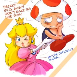  blonde_hair blue_eyes blush dress earrings elbow_gloves english holding jewelry missyuna nintendo princess princess_peach reference super_mario_bros. super_smash_bros. toad vest wink 