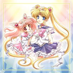  2girls adapted_costume back_bow bishoujo_senshi_sailor_moon bishoujo_senshi_sailor_moon blonde_hair blue_eyes blue_sailor_collar blue_skirt bow brooch chibi_usa choker commentary_request cone_hair_bun double_bun earrings frills gloves hair_bun hair_ornament hairpin heart heart_brooch holding_hands interlocked_fingers jewelry long_hair looking_back magical_girl multiple_girls pink_bow pink_hair pink_sailor_collar pink_skirt princess_sailor_moon red_choker red_eyes ribbon sailor_chibi_moon sailor_collar sailor_moon sailor_senshi_uniform shirataki_kaiseki short_hair skirt smile tiara tsukino_usagi twintails unofficial_sailor_senshi_uniform white_bow white_gloves 