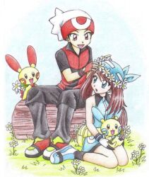  1boy bandana bare_shoulders blue_eyes blue_skirt brendan_(pokemon) brown_eyes brown_hair chikorita85 commentary_request female flower grass head_wreath holding holding_flower kneeling knees_together_feet_apart may_(pokemon) minun plusle pokemon pokemon_(creature) pokemon_adventures putting_on_headwear red_eyes shoes sitting skirt traditional_media v-neck white_background wing_collar 