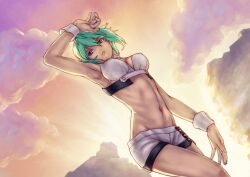  aquarion_(series) aquarion_evol armpits bare_shoulders cloud commentary_request female green_hair guts_(artist) highres midriff navel photoshop_(medium) purple_eyes ribs short_shorts shorts sky solo sunset white_shorts wrist_cuffs zessica_wong 