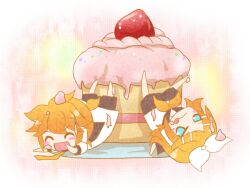  1boy aqua_eyes bad_id bad_pixiv_id blonde_hair brother_and_sister chibi cupcake female food fruit hair_ornament hairclip headphones icing kagamine_len kagamine_rin necktie ponytail ribbon siblings strawberry tongue twins vocaloid yellow_necktie zashiki_usagi 