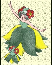  bellossom blush_stickers chikorita85 collarbone commentary_request creature_and_personification dancing dress female floral_background floral_print green_dress green_eyes green_hair green_theme looking_at_viewer outstretched_arms personification pokemon pokemon_(creature) short_hair strapless strapless_dress traditional_media yellow_background 