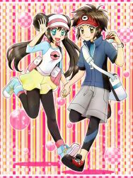  1boy bag blue_eyes brown_hair chikorita85 commentary_request double_bun doughnut_hair_bun eyelashes female hair_bun highres holding holding_hands holding_poke_ball leggings long_hair nate_(pokemon) pantyhose poke_ball pokemon pokemon_bw2 raglan_sleeves rosa_(pokemon) shoes shorts sneakers star-shaped_pupils star_(symbol) symbol-shaped_pupils very_long_hair watch wristwatch yellow_eyes 