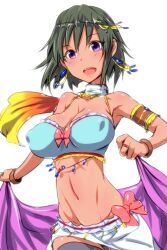  bare_shoulders breasts clearite cleavage commentary_request dark-skinned_female dark_skin earrings female green_hair hair_ornament hairband highres idolmaster idolmaster_cinderella_girls jewelry large_breasts natalia_(idolmaster) navel open_mouth purple_eyes short_hair smile solo 