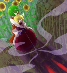  2girls blonde_hair bottle commentary_request cork dress flower green_hair hair_ribbon hug imokenpi1215 kazami_yuuka medicine_melancholy multiple_girls open_mouth poison_(final_fight) potion purple_eyes red_eyes red_ribbon ribbon shadow short_hair smile sunflower touhou you_gonna_get_raped 