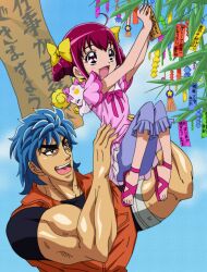  1boy :d bad_id bad_pixiv_id bamboo black_eyes blue_hair bow candy_(smile_precure!) company_connection crossover female fukushima_masaru hairbow highres hoshizora_miyuki muscular open_mouth pink_bow pink_eyes pink_hair precure season_connection short_hair smile smile_precure tanabata tanzaku toei_animation toriko toriko_(series) 