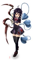  ahoge alternate_wings asymmetrical_wings black_hair black_thighhighs blush bow commentary_request female frills heart highres houjuu_nue iyoda_mato miniskirt open_mouth red_eyes short_hair short_sleeves simple_background skirt snake solo thighhighs touhou wings wrist_cuffs zettai_ryouiki 