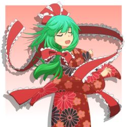  alternate_costume cato_(monocatienus) cherry_blossoms chrysanthemum closed_eyes commentary_request female floral_print flower front_ponytail gradient_background green_hair japanese_clothes kagiyama_hina kikumon kimono long_hair open_mouth red_kimono ribbon shadow solo touhou 